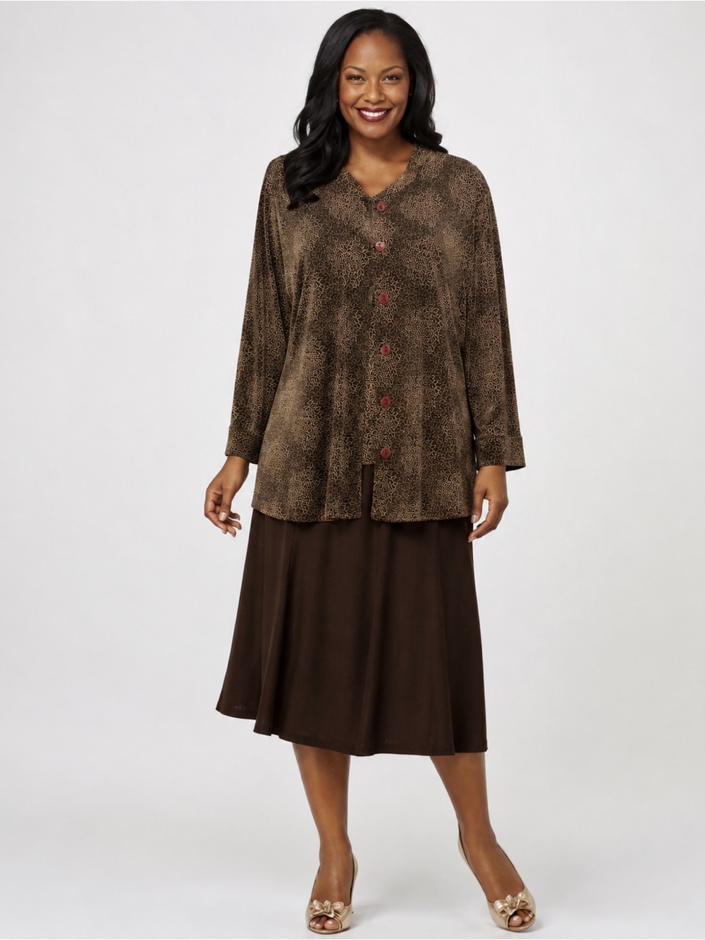 The Travel Collection Brown 3 Piece Jacket Tank Midi Skirt Set XL